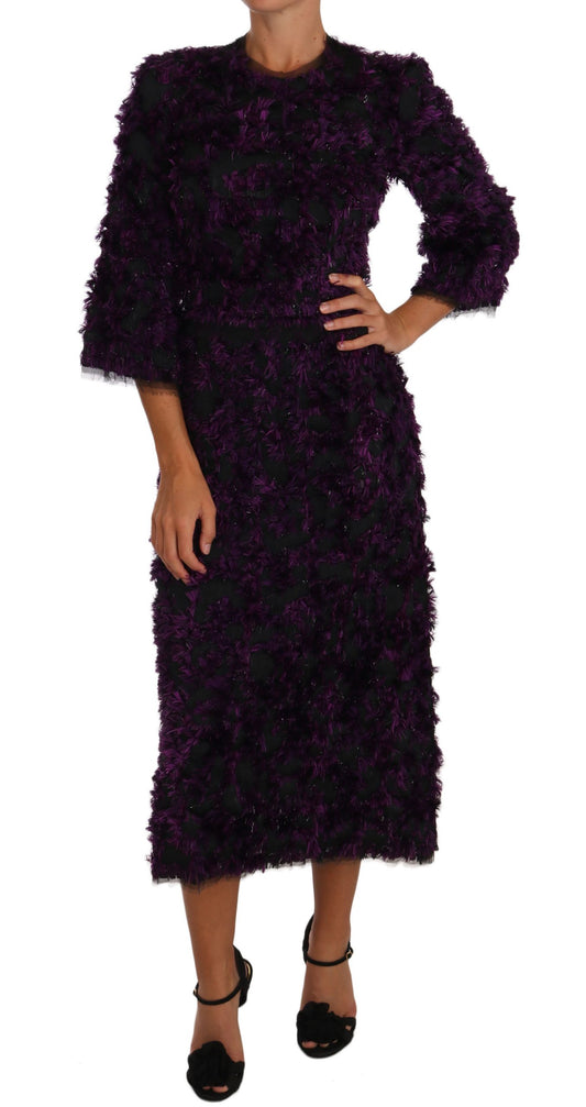 Elegante vestido tubo con flecos en morado y negro