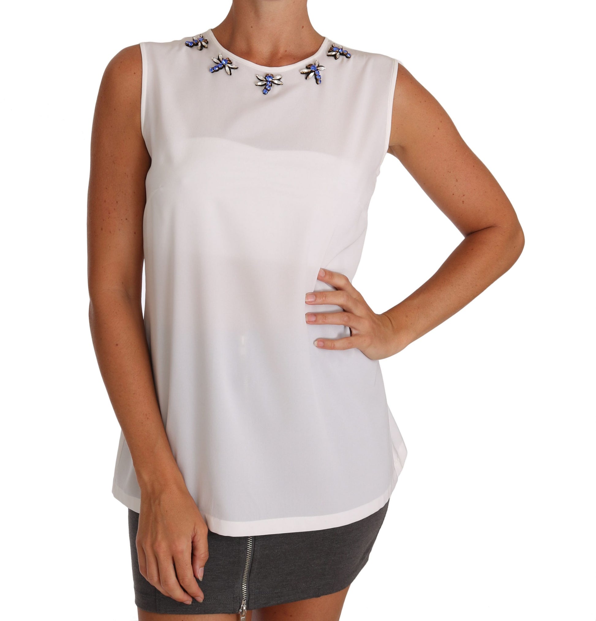 Elegante verfraaide mouwloze zijden blouse