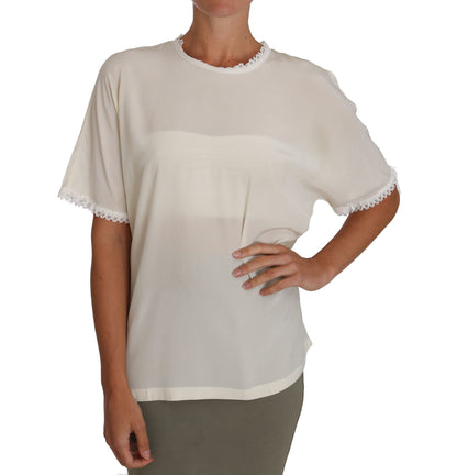 Blusa de seda color crema con detalle de encaje