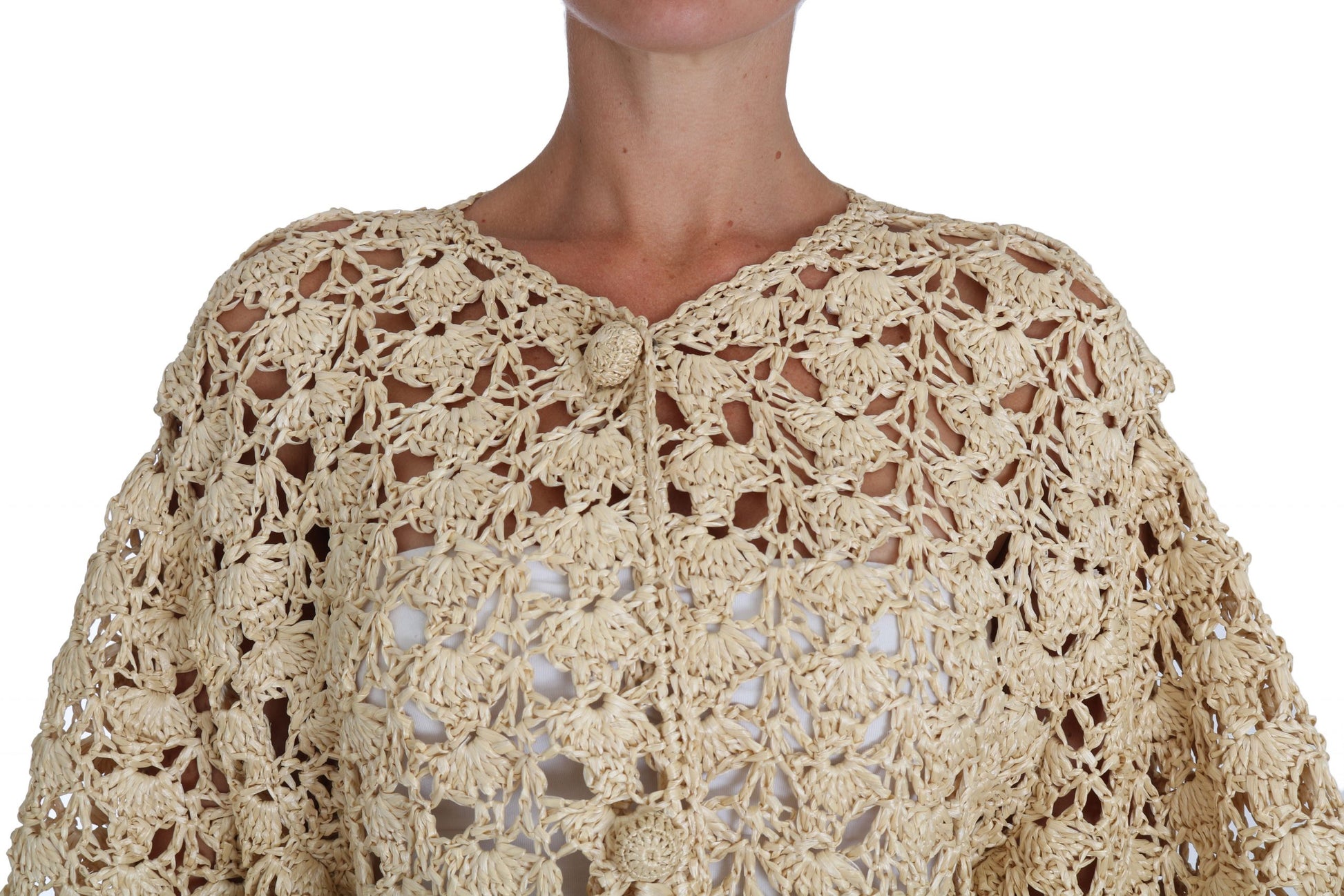 Cárdigan elegante de rafia de crochet beige