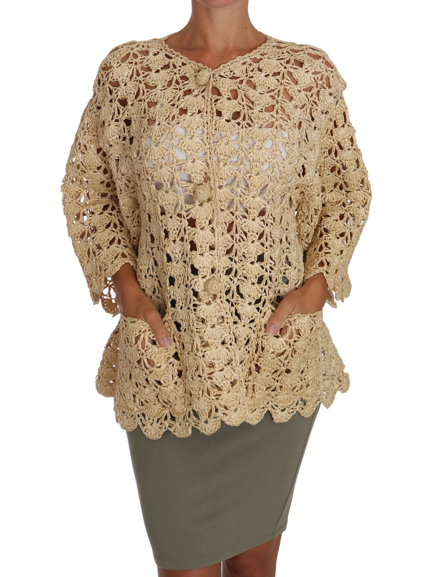 Cárdigan elegante de rafia de crochet beige