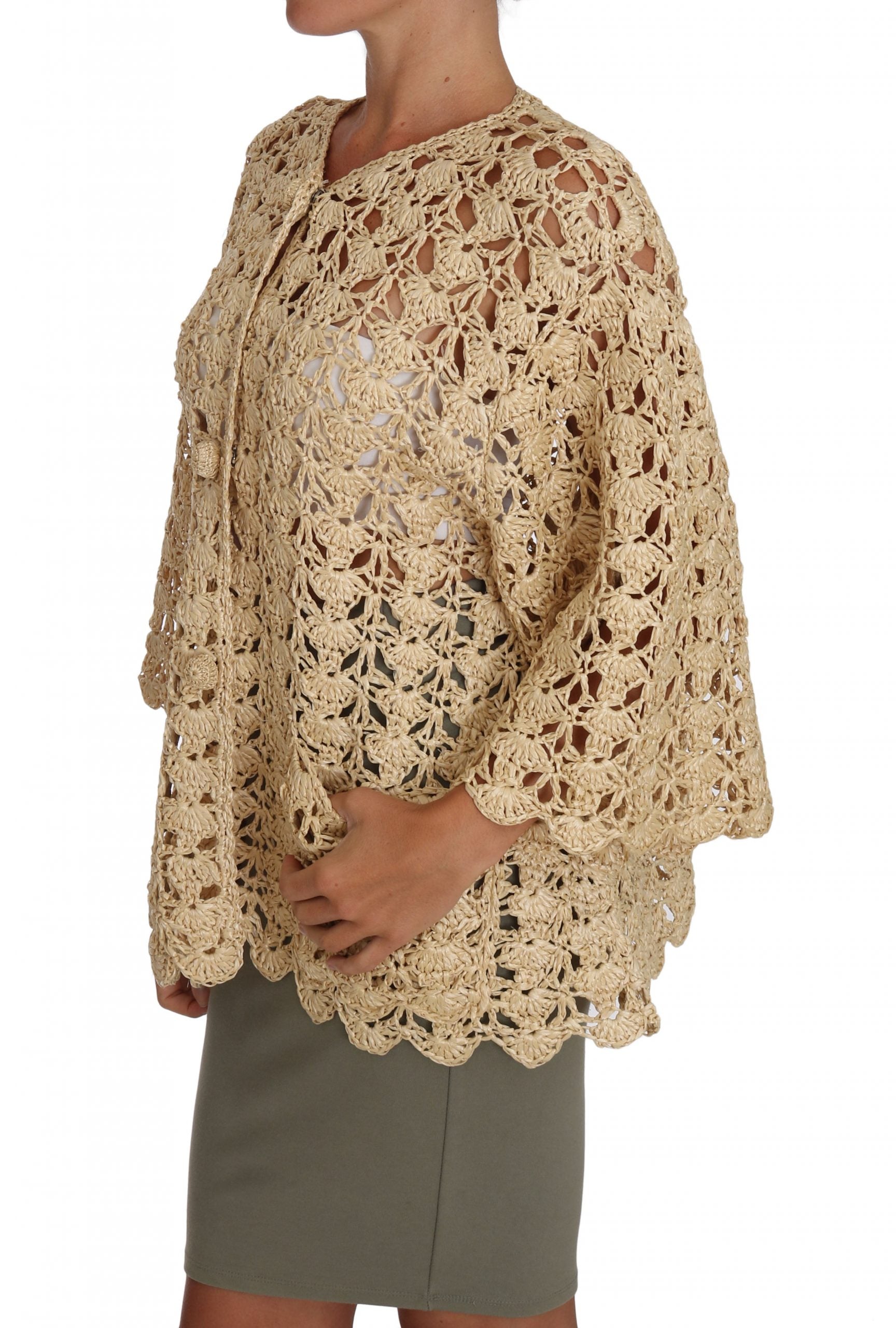 Cárdigan elegante de rafia de crochet beige