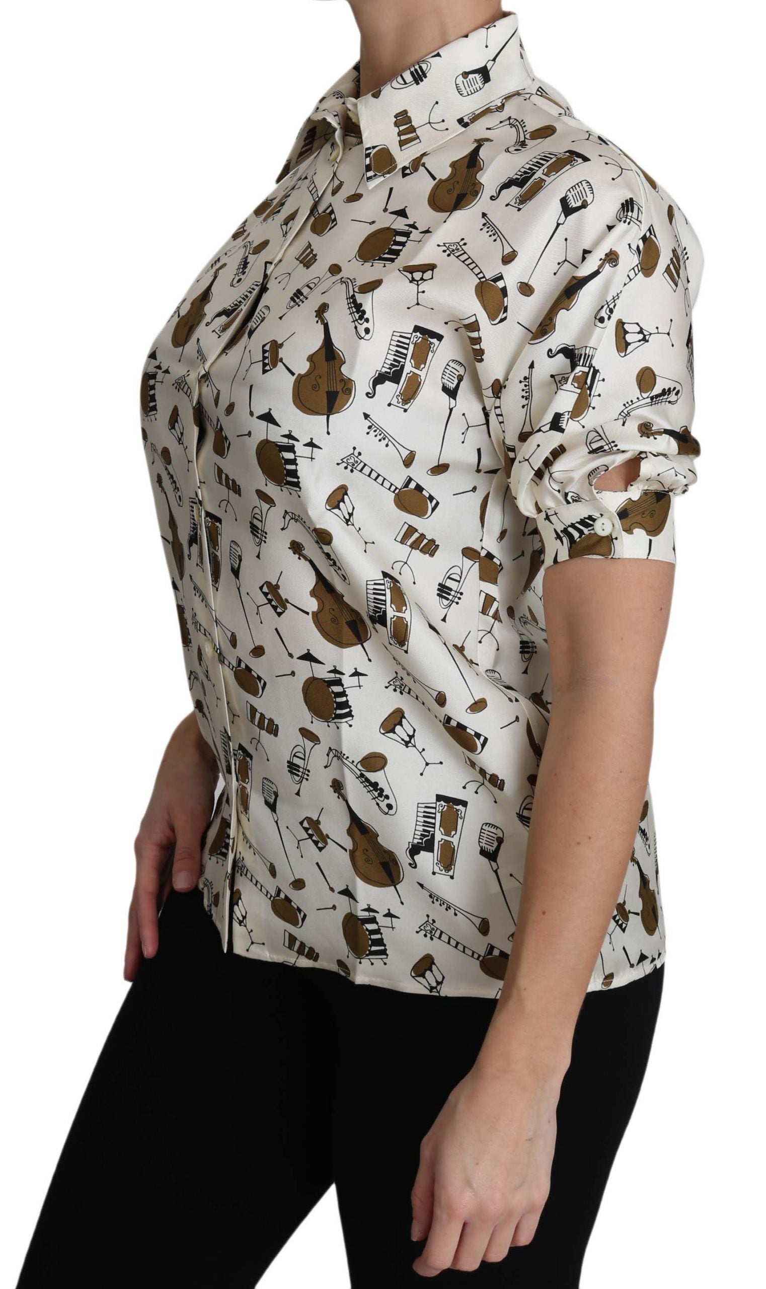 Silk Musical Instrument Print Polo Top