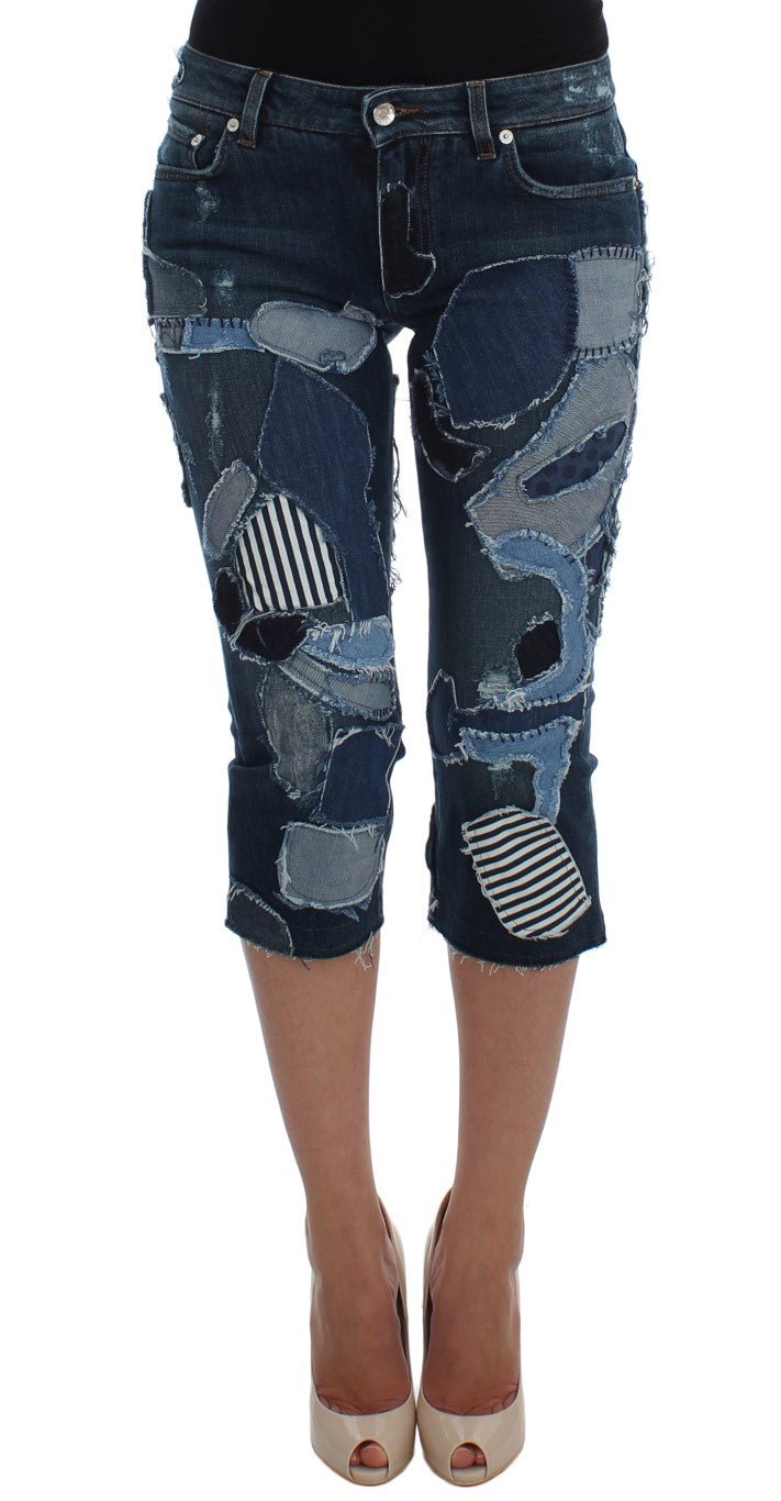 Chique blauwe denim short met patchwork