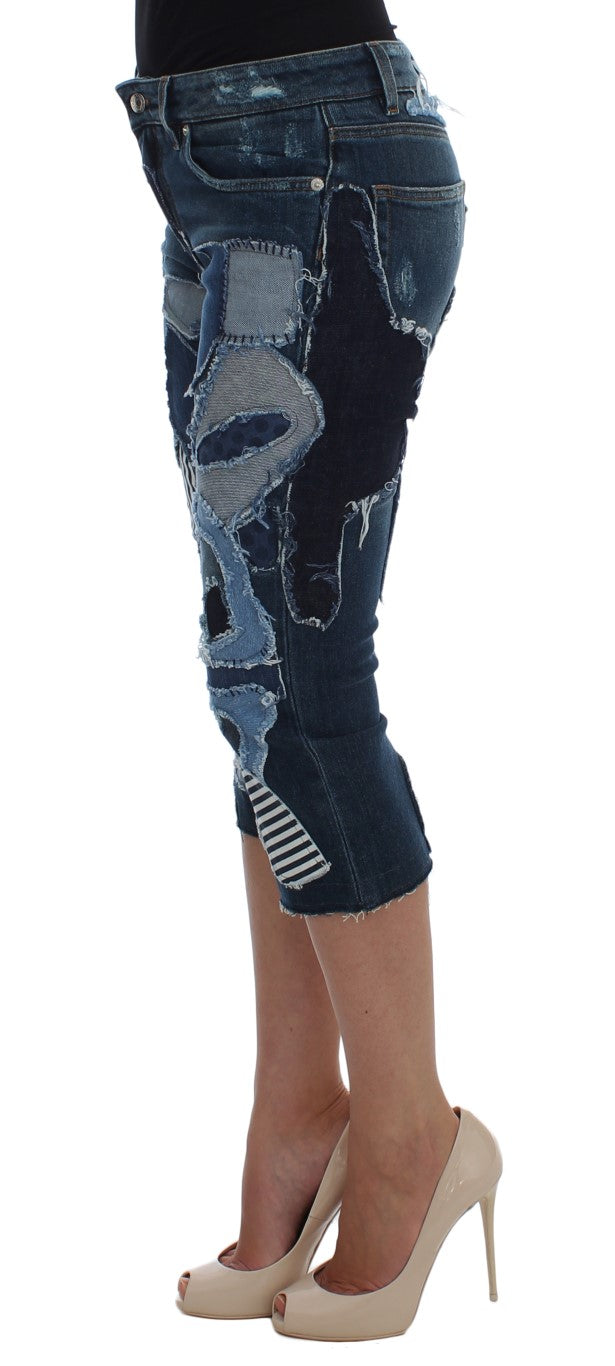 Chique blauwe denim short met patchwork