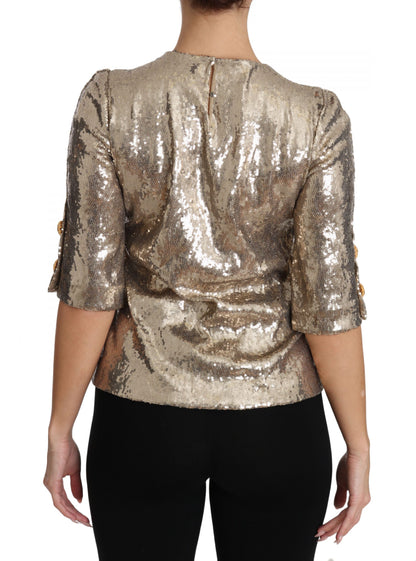 Gouden blouse met papegaaimotief, ronde hals en kristallen