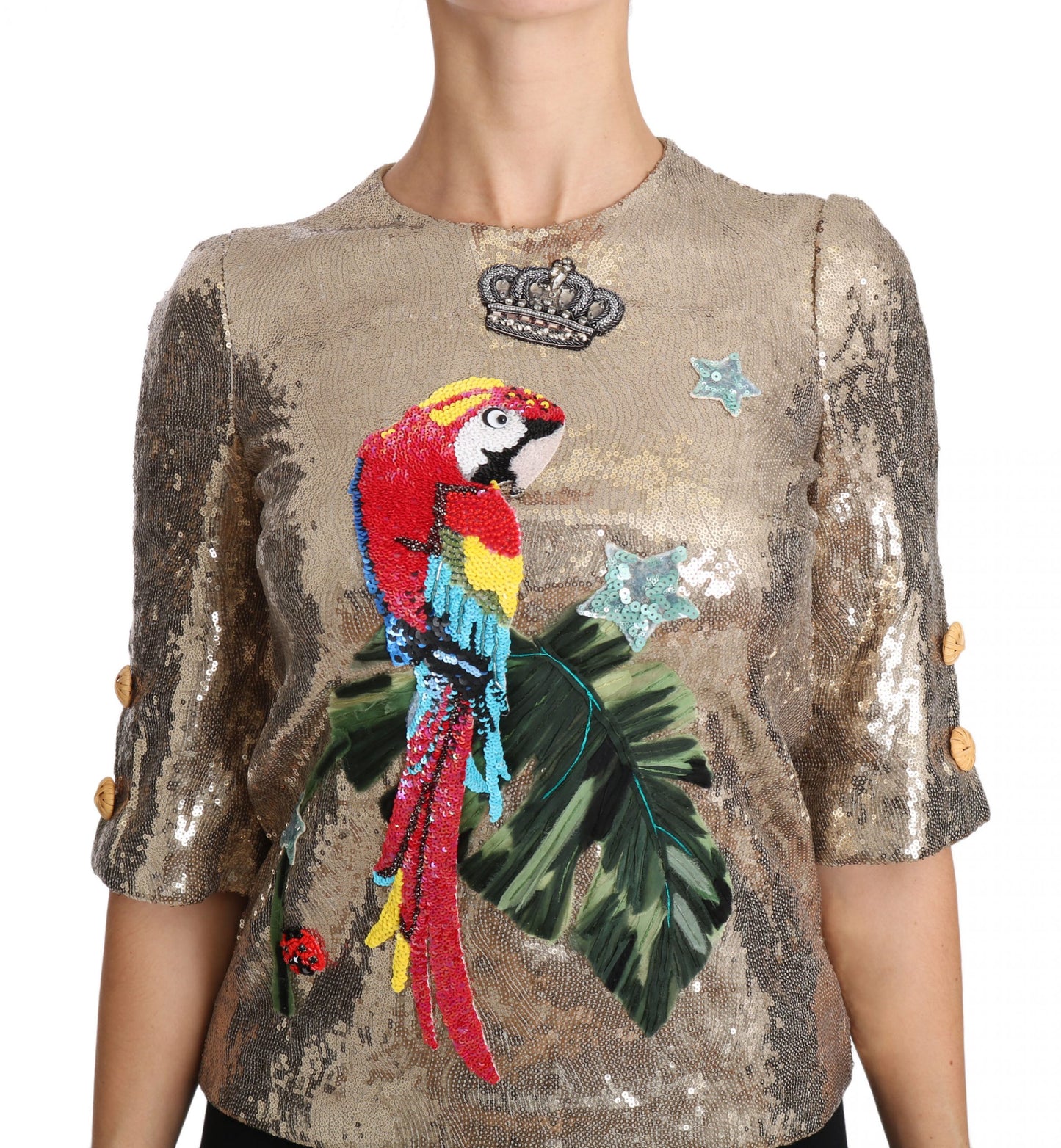 Gold Parrot Motif Crewneck Blouse with Crystals