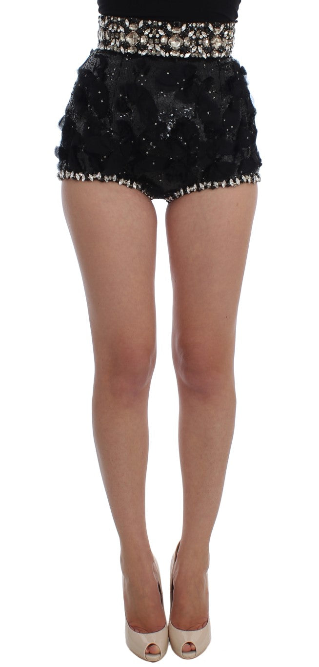 Zijden shorts met kristallen lovertjes en hoge taille