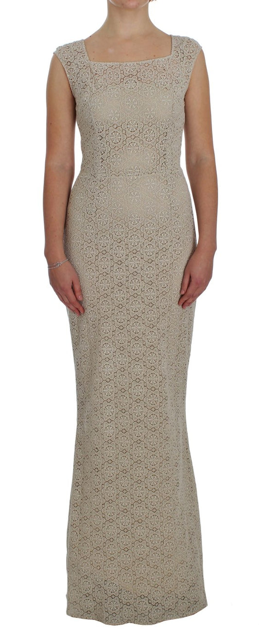 Elegante beige maxi-jurk met bloemenuitsnijding