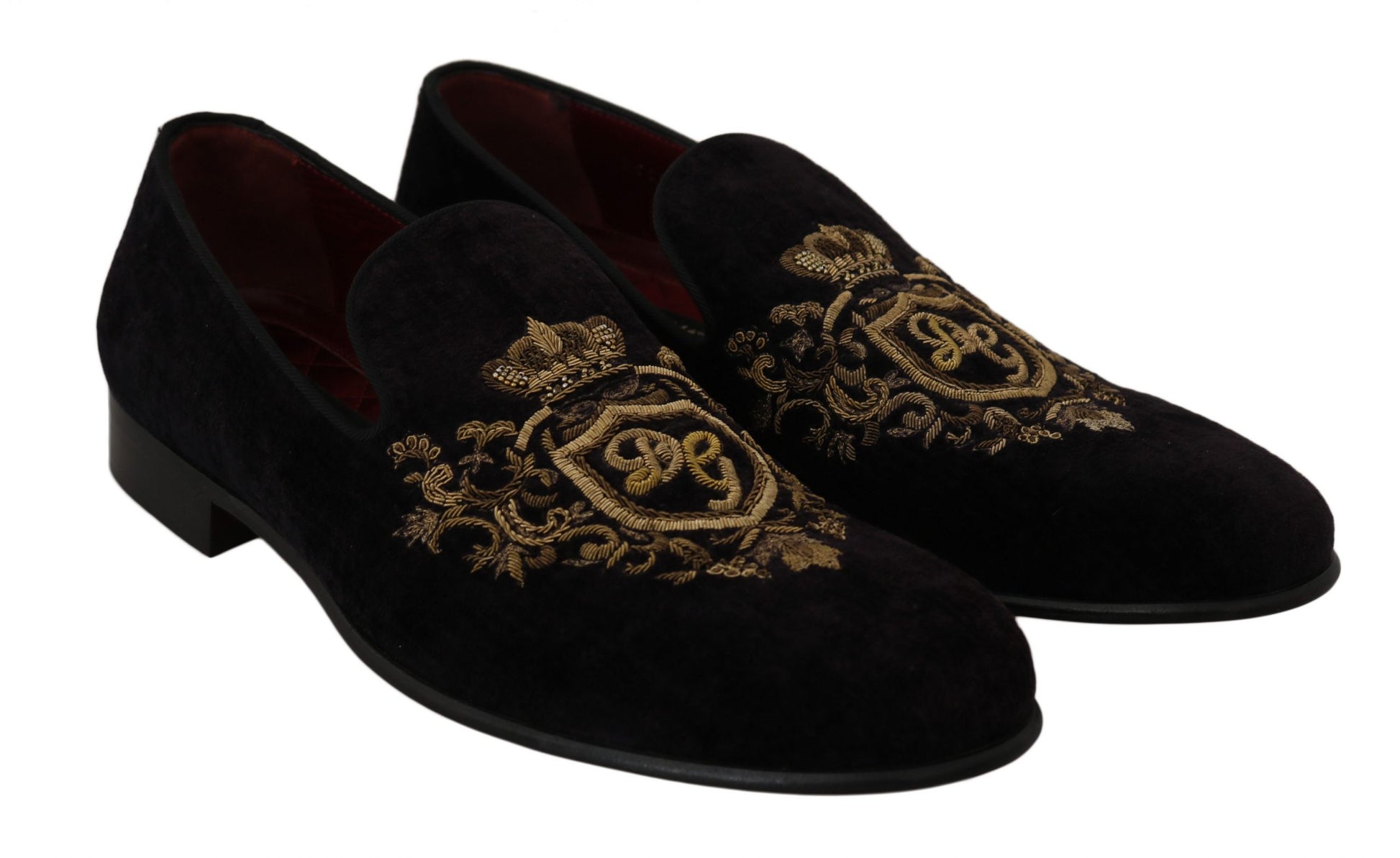 Elegante zwarte loafers met gouden kroonborduurwerk