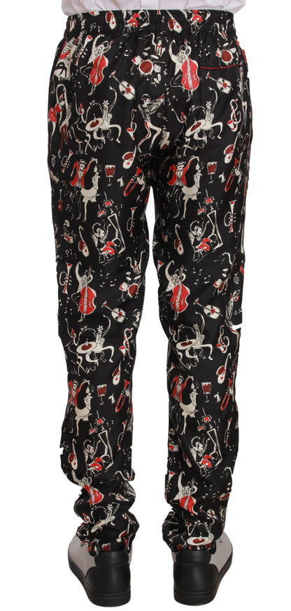 Elegante pantalón lounge de seda negro con estampado rojo