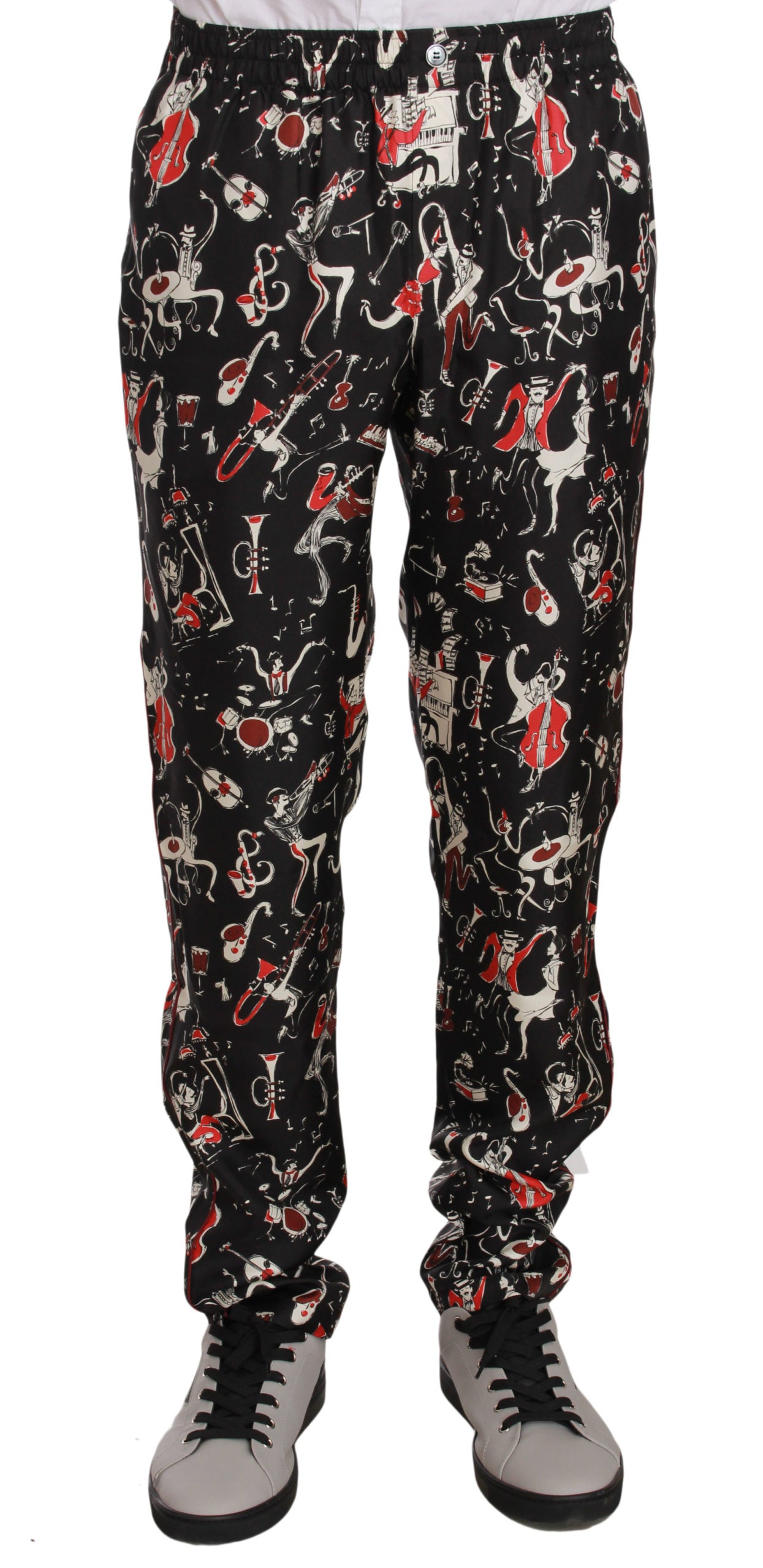 Elegant Black Silk Lounge Pants with Red Print