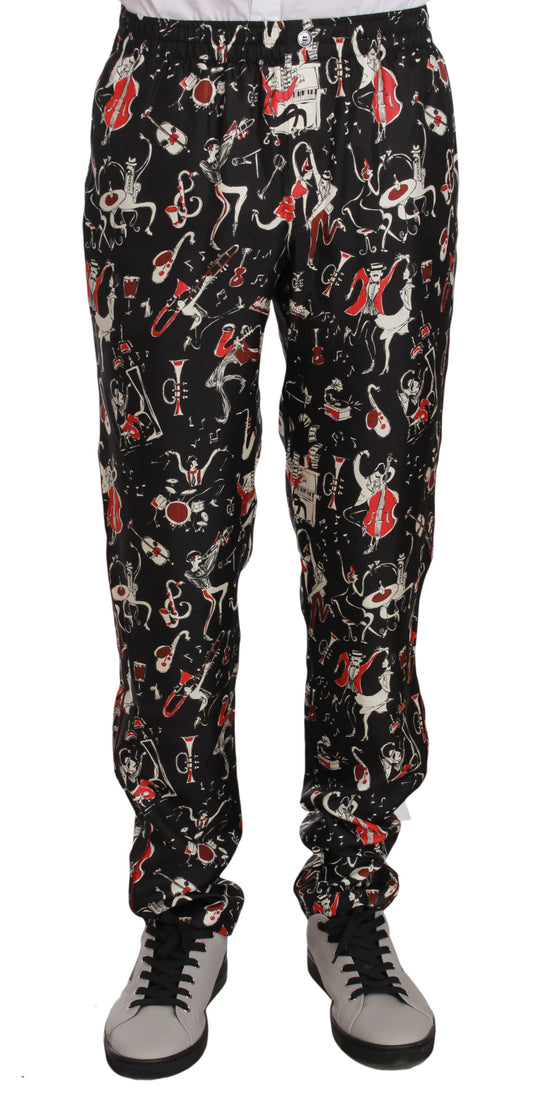 Elegante pantalón lounge de seda negro con estampado rojo