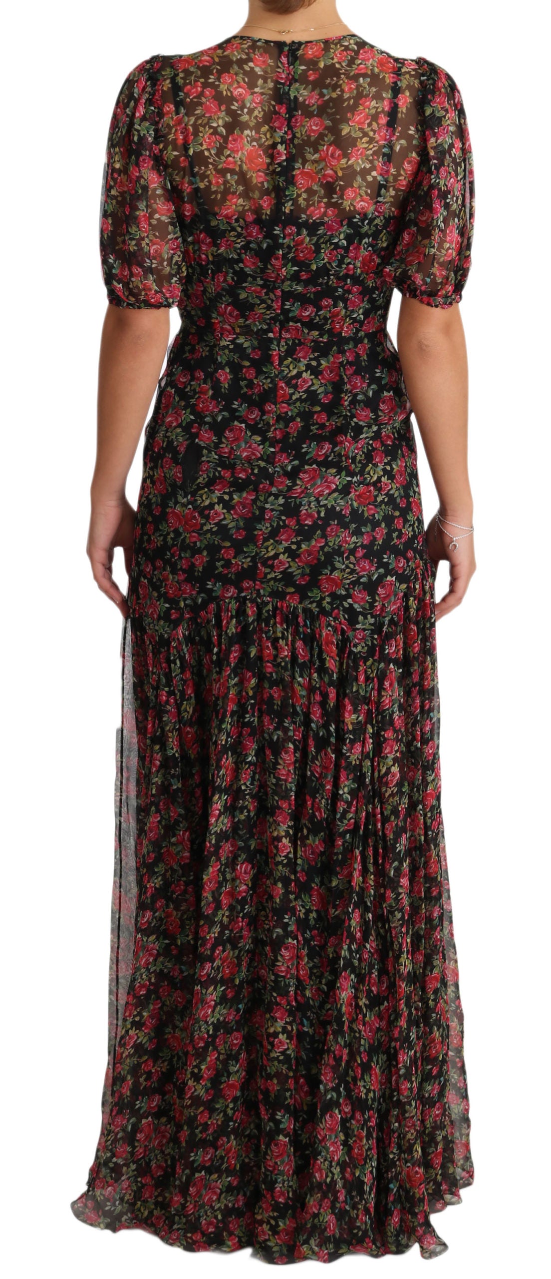 Elegante vestido evasé floral de seda negro