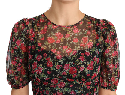 Elegante vestido evasé floral de seda negro