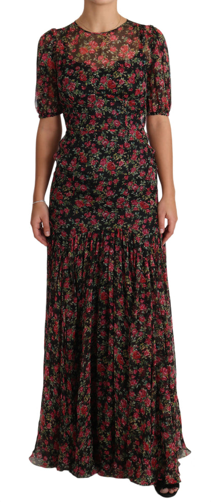 Elegante vestido evasé floral de seda negro