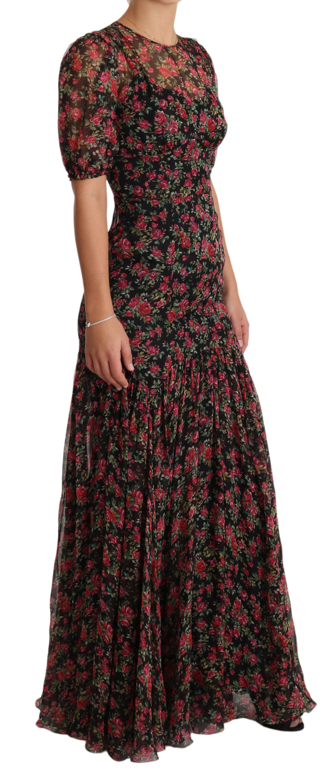 Elegante vestido evasé floral de seda negro