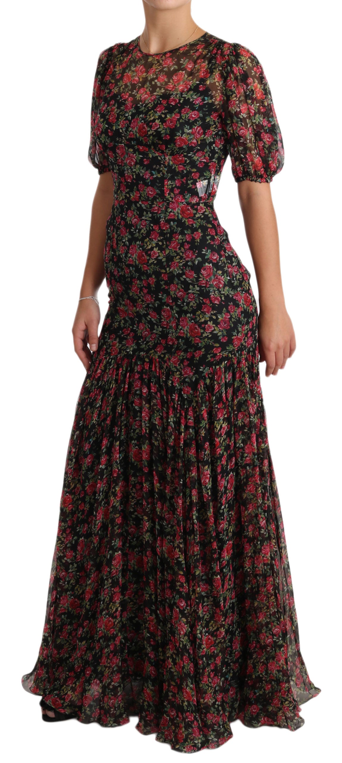 Elegante vestido evasé floral de seda negro