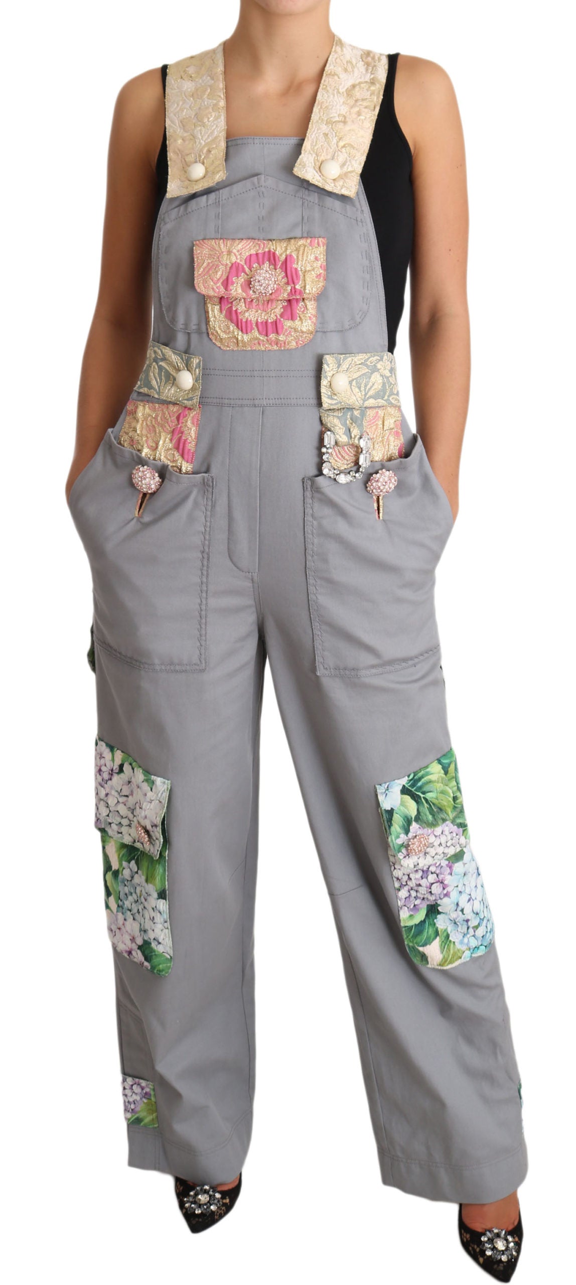 Prachtige, met bloemen verfraaide denim overall