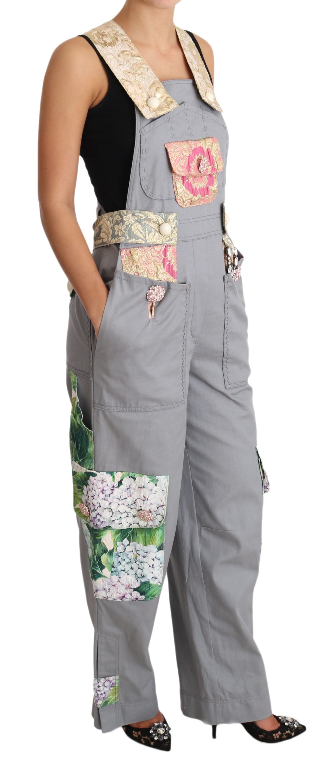 Prachtige, met bloemen verfraaide denim overall