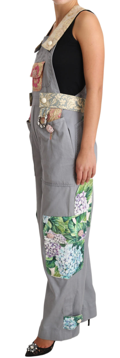 Prachtige, met bloemen verfraaide denim overall