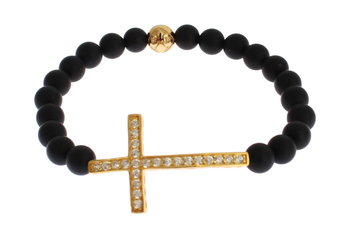 Chic Matte Onyx Bead & CZ Diamond Cross Bracelet