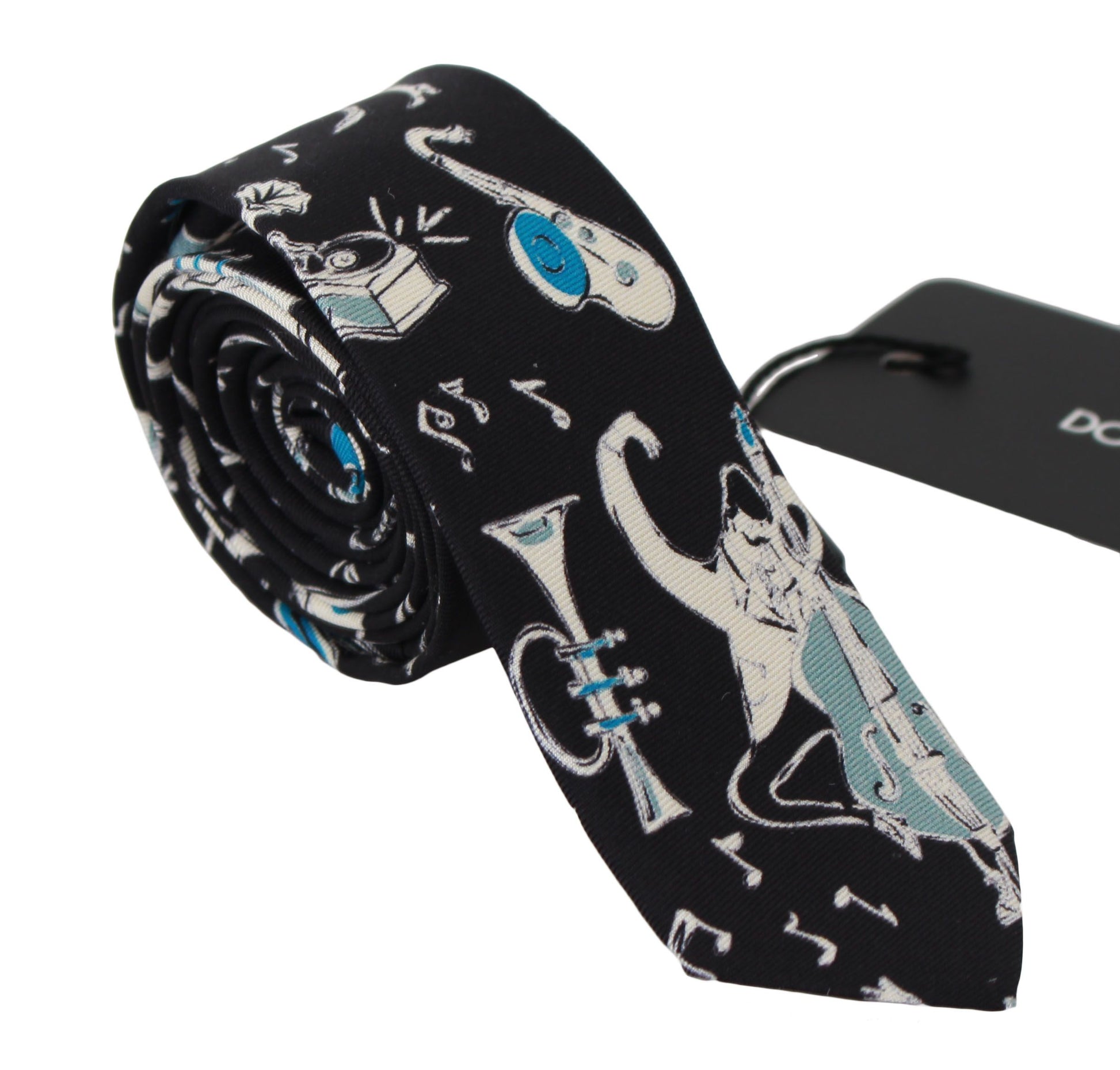 Corbata de seda negra con estampado musical elegante