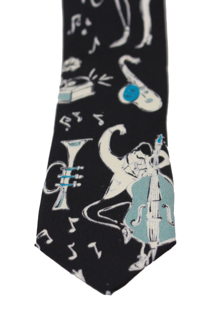 Corbata de seda negra con estampado musical elegante