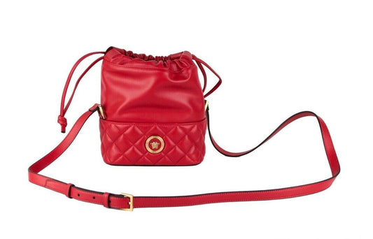 Rood gewatteerde lederen schoudertas met trekkoord, emmer Crossbody handtas