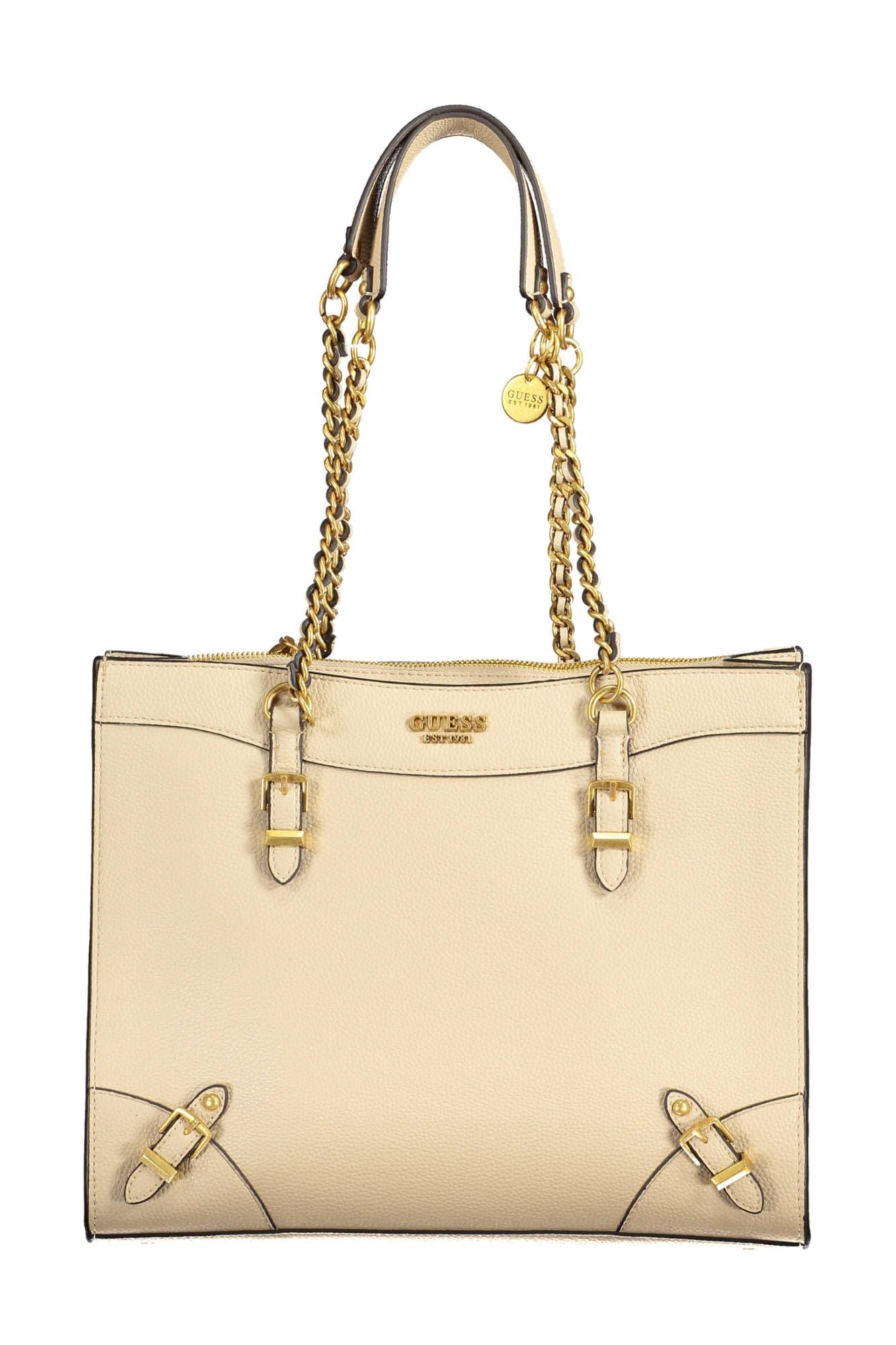 Beige Chain-Link Shoulder Handbag